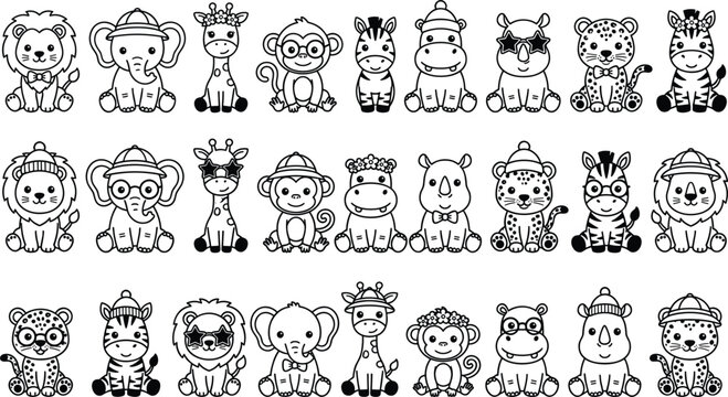 Cute safari animal vector line icon set featuring cartoon lion elephant giraffe monkey zebra hippo and leopard characters with hats and glasses