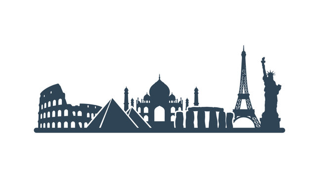 Black silhouette skyline of famous global landmarks.
