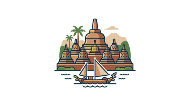 Borobudur temple silhouette with traditional sailboat on water.