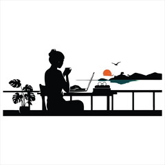 Fototapeta premium Silhouette of woman working on laptop by the ocean at sunset