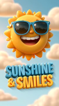 Detailed 3D cartoon smiling sun wearing sunglasses with fluffy animated clouds drifting around. Colorful &ldquo;SUNSHINE & SMILES&rdquo; typography creates a playful summer atmosphere with cheerful vibes.