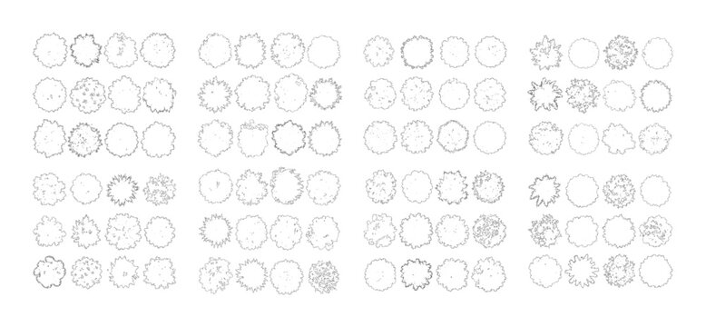 CAD tree top view outline bundle, landscape canopy plant symbols for architecture site plan garden design vector illustration