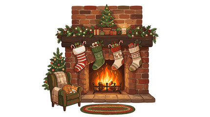 Fototapeta premium Cozy christmas fireplace scene with stockings and a sleeping cat