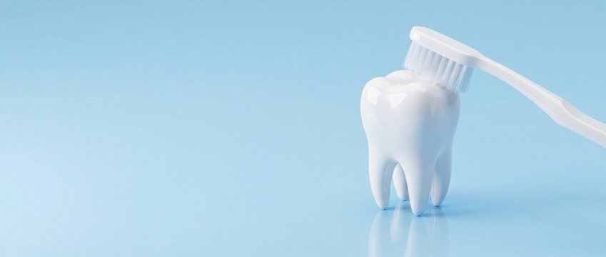 Dental hygiene concept with a white tooth model and toothbrush on a light blue background emphasizing oral health care
