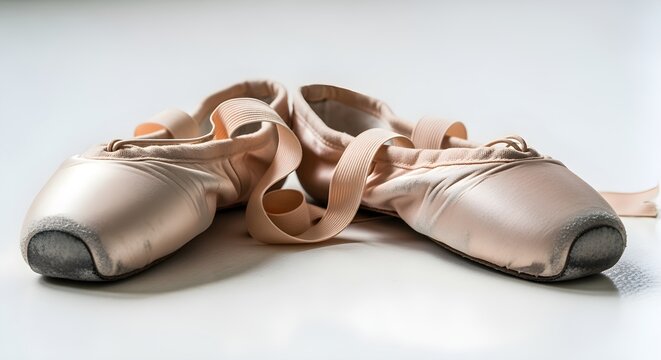 A pair of well-worn dance shoes (ballet slippers or tap shoes), on a white floor.