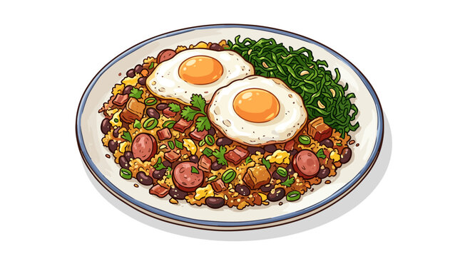 Delicious brazilian feijo tropeiro with fried eggs
