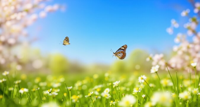 Art Beautiful blurred spring background nature with blooming glade, butterfly and blue sky on a sunny day
