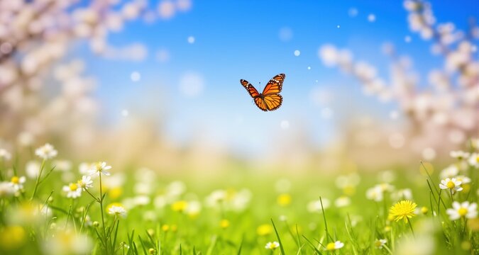 Art Beautiful blurred spring background nature with blooming glade, butterfly and blue sky on a sunny day
