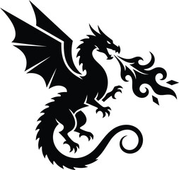 Fototapeta premium Majestic dragon breathing fire black silhouette graphic art vector