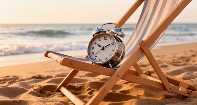 Alarm Clock On Deck Chair On Beach
