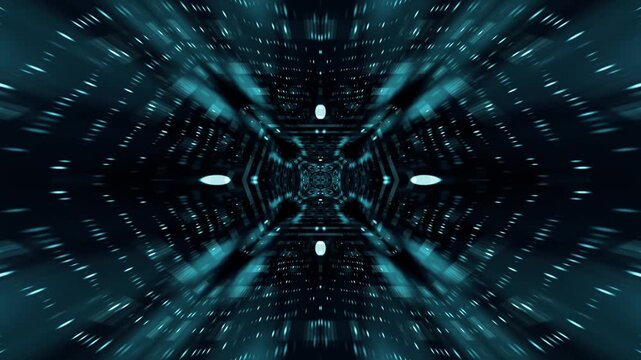 Abstract sci-fi cyber tunnel loop with glowing neon blue laser lines moving forward in dark background.
