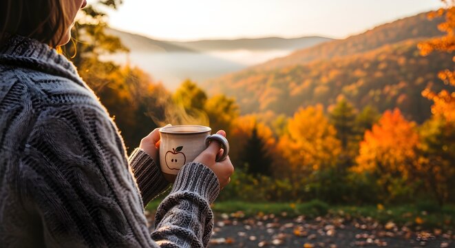 A person holding a warm mug of cider, looking out at a landscape of fall foliage.