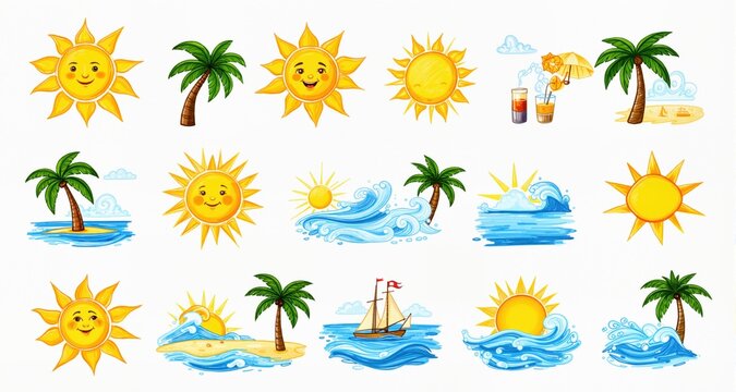 Sun icon set. Hand drawn summer elements. Vector illustration
