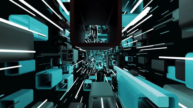Abstract 3D square block tunnel with fast white laser speed lines loop in futuristic tech backdrop.