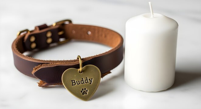 A pet's name tag on a worn collar, placed next to a fresh white candle, on a white surface.