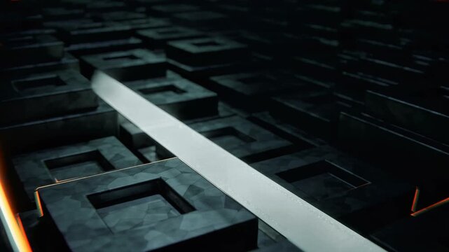 Moving forward over dark metallic square blocks with thin glowing orange light lines loop.
