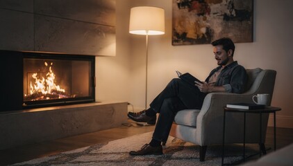 Obraz premium Elegant lounge corner with a resident absorbed in a book beside a stylish fireplace the warm flames delicately blurred directing attention to the main subject.