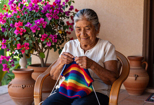Mexican Grandmother Knitting Colorful Sweater in Patio