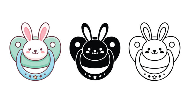 Kawaii bunny baby pacifier vector set, cute rabbit dummy icons in color and black line art, infant nursery accessories for shower invitations