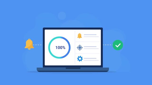 Animated flat vector illustration of a laptop displaying a notification management dashboard with alerts, settings, and verification icons. Modern notification system, workflow automation, and product