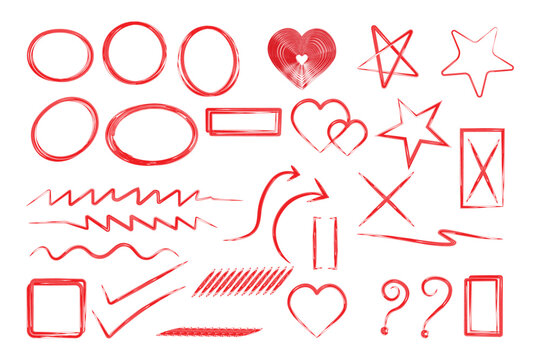 Correction elements and scribble shapes in red hand-drawn marker brush style