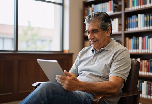 Retired Latino Investor Researching Stocks in Public Library