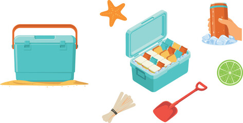 Beach picnic cooler box set with cold drinks ice starfish lime and shovel vector illustration © Mehedi