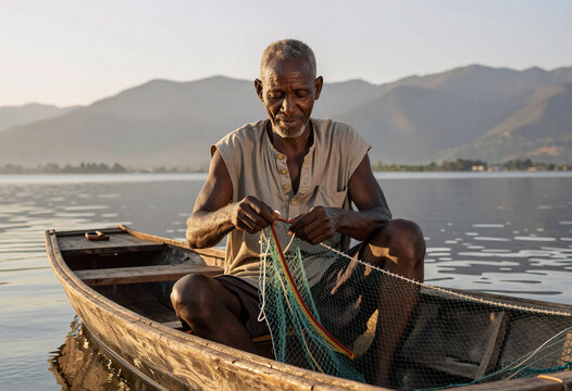 African Fisherman Repairing Net on Wooden Boat