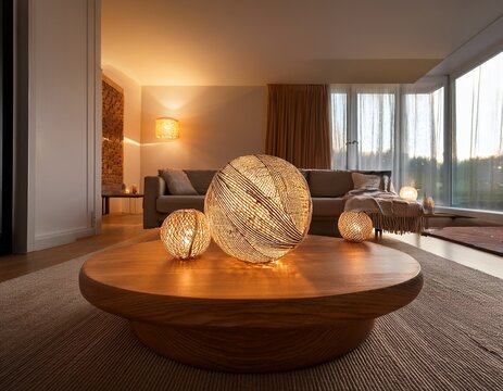 a warmly lit interior scene features glowing spherical lights arranged on a wooden coffee table creating a cozy atmosphere