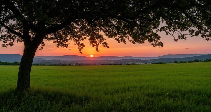 Sunset view from under a tree on a green meadow with hills on the horizon

