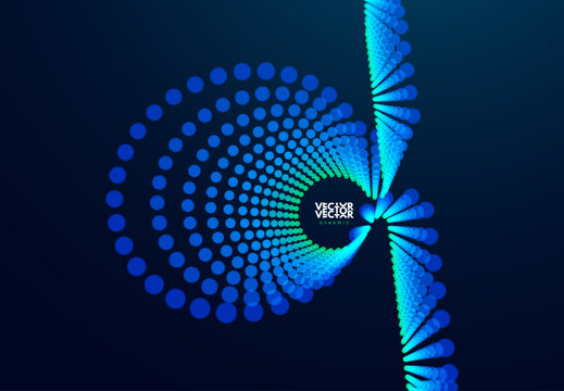 A straight surface transforms into a volumetric loop or tunnel of perspective. Glow effect. Bright glowing dots create a circular motion. Vector for brochure, poster, cover, presentation or banner.