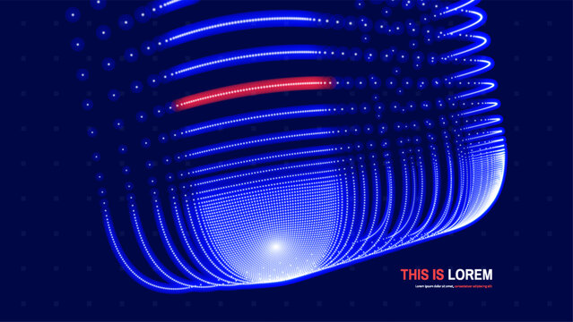 A multitude of dynamic dots create a blocky form. Neon glow. Pulsating electrical energy in multilayered movement. A red thread of energy. Industrial style for digital projects. Grid. 3d vector.