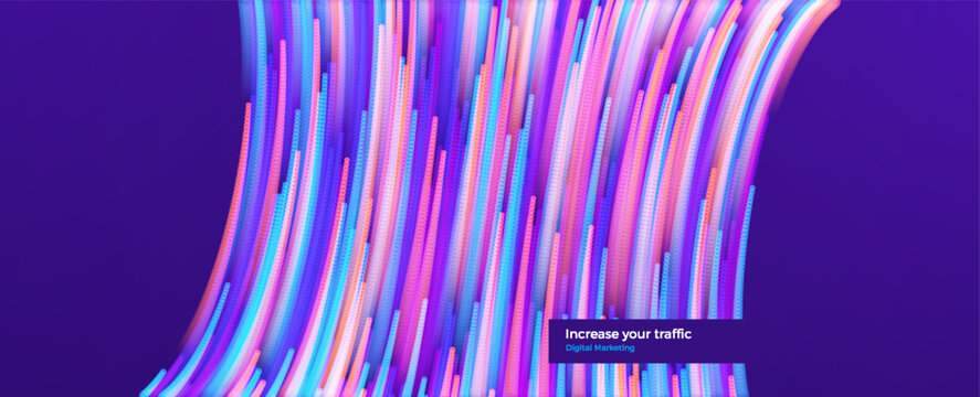 Fiber optic cables for telecommunications, communications, and networks. Concept of connection speed and internet traffic. Abstract digital background of a big data stream. Broadband transmission.