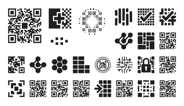 Set of qr code and data matrix barcode icons with technology, information