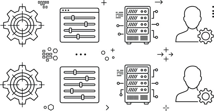 System administration and server data configuration line icon set featuring gears sliders mainframe towers and user profiles