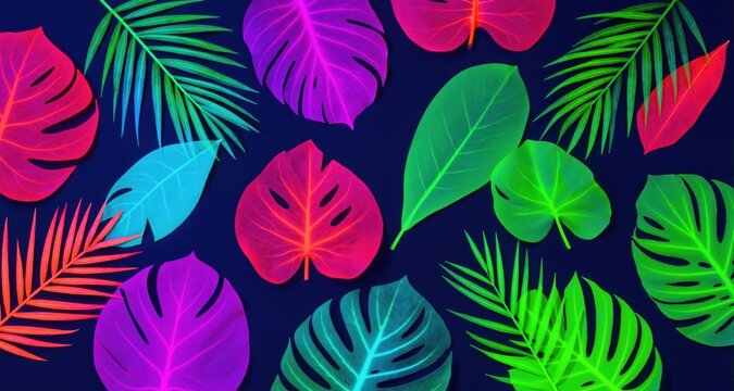 Creative fluorescent color layout made of tropical leaves. Flat lay neon colors. Nature concept.
