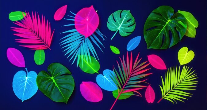 Creative fluorescent color layout made of tropical leaves. Flat lay neon colors. Nature concept.
