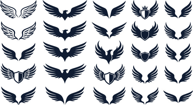 Heraldic wing and eagle crest collection with shield elements, black silhouette vector tattoo illustration