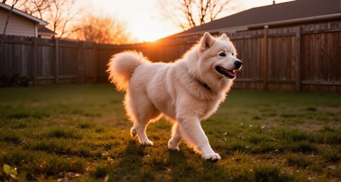 Fluffy dog walking in backyard at sunset
