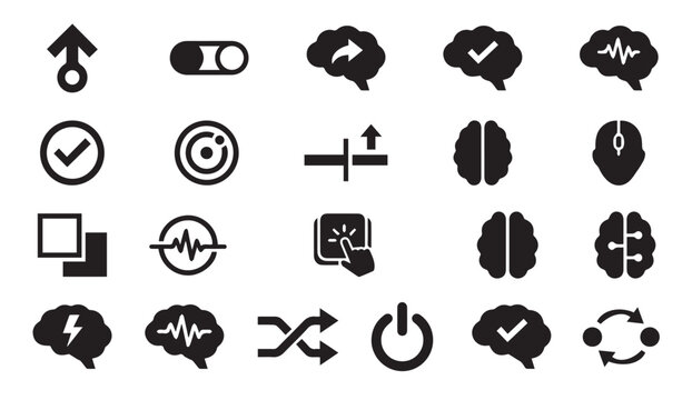 Set of black brain and artificial intelligence icons with intelligence, thinking