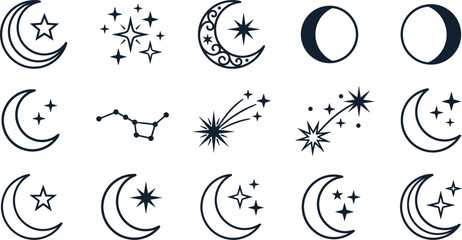 Celestial moon and stars icon set with phases, black line art night astronomy vector illustrationCelestial moon and stars icon set with phases, black line art night astronomy vector illustration © Akramul