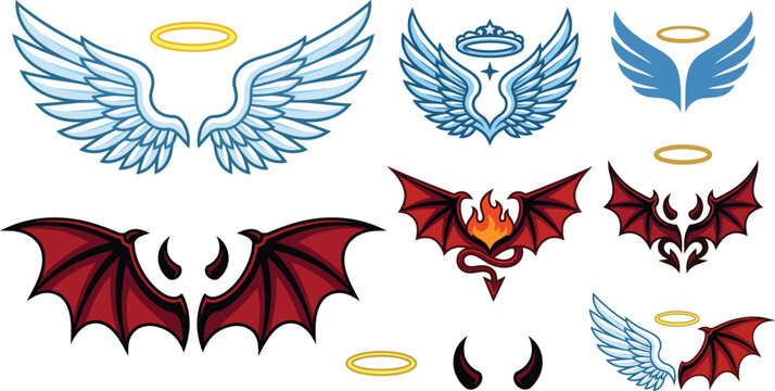 Angel and devil wings set with halo and horns, good and evil vector cartoon illustrationAngel and devil wings set with halo and horns, good and evil vector cartoon illustration
