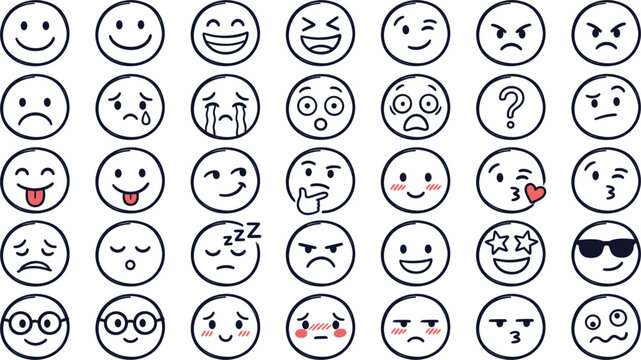 Emoji emoticon face collection with black outline icons, funny avatar set vector doodle illustrationEmoji emoticon face collection with black outline icons, funny avatar set vector doodle illustration