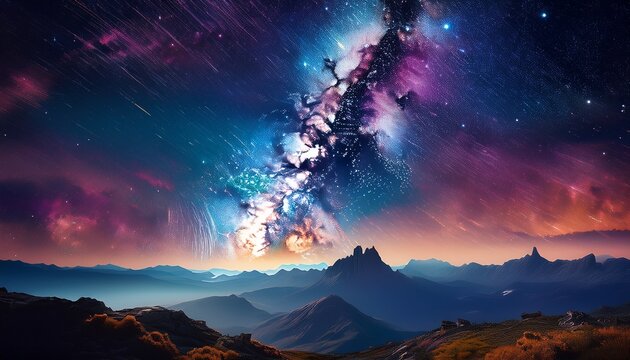 the milky way galaxy arches over a mountainous landscape under a starry night sky