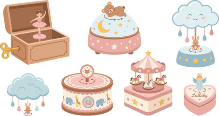 Cute vintage baby music box collection with ballerina and carousel, nursery lullaby vector cartoon illustration © Akramul