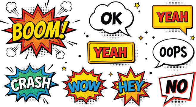 Retro comic book speech bubble set with text effects, pop art explosion vector cartoon illustrationRetro comic book speech bubble set with text effects, pop art explosion vector cartoon illustration