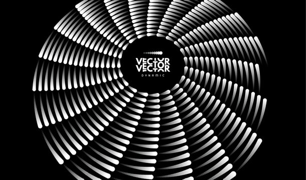Black and white rotating blade of an industrial turbine fan. Dynamic circular motion. Mechanical ventilation system. Vector illustration for industrial design and renewable energy technologies.