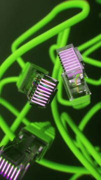 Macro View of Ethernet Connectors With Neon Green Network Cables