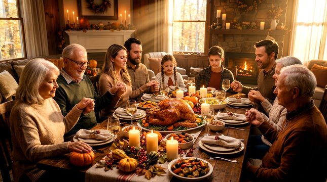Multi-generational family holding hands in prayer over Thanksgiving tu