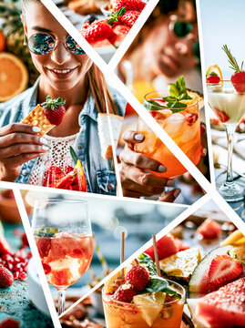 montage of young people enoying long summer drinks and colourful summer cocktail relaxing in the sun in a grid formation separated by a white key line creating a dynamic layout